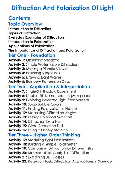 Diffraction And Polarization Of Light Worksheet Activity Booklet