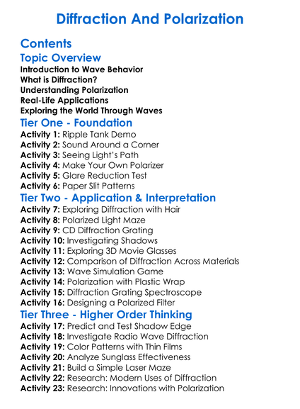 Diffraction And Polarization Worksheet Activity Booklet