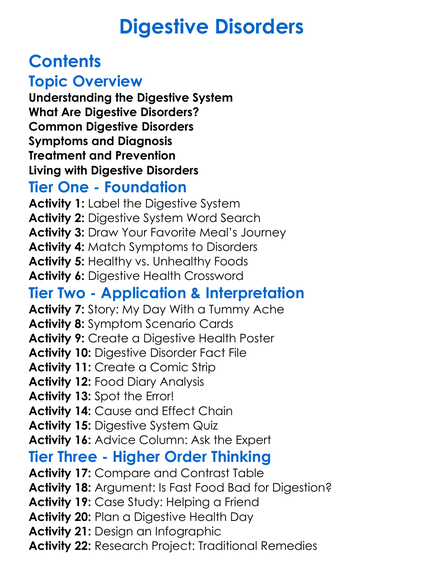 Digestive Disorders Worksheet Activity Booklet