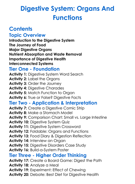 Digestive System Organs And Functions Worksheet Activity Booklet