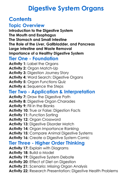 Digestive System Organs Worksheet Activity Booklet
