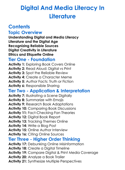 Digital And Media Literacy In Literature Worksheet Activity Booklet