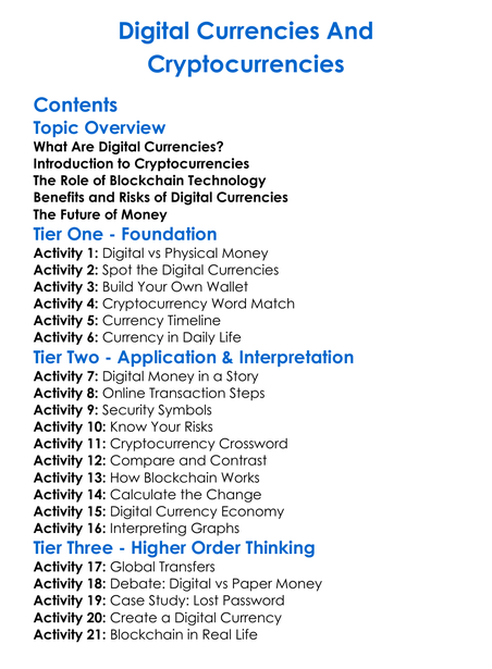 Digital Currencies And Cryptocurrencies Worksheet Activity Booklet