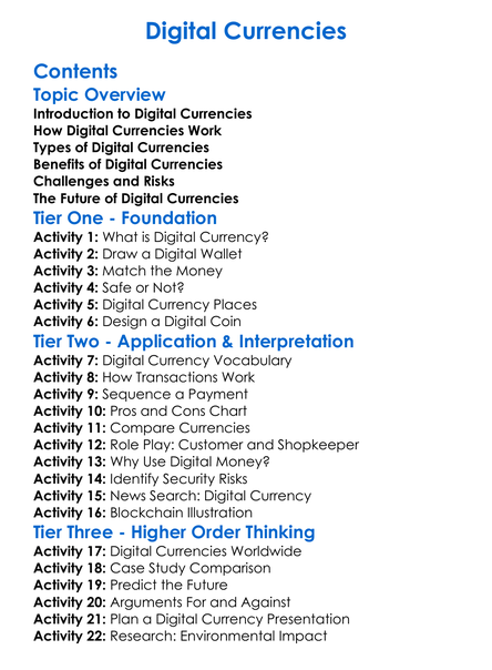 Digital Currencies Worksheet Activity Booklet