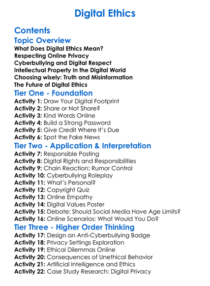 Digital Ethics Worksheet Activity Booklet