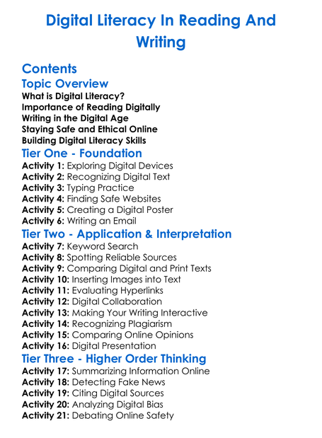 Digital Literacy In Reading And Writing Worksheet Activity Booklet