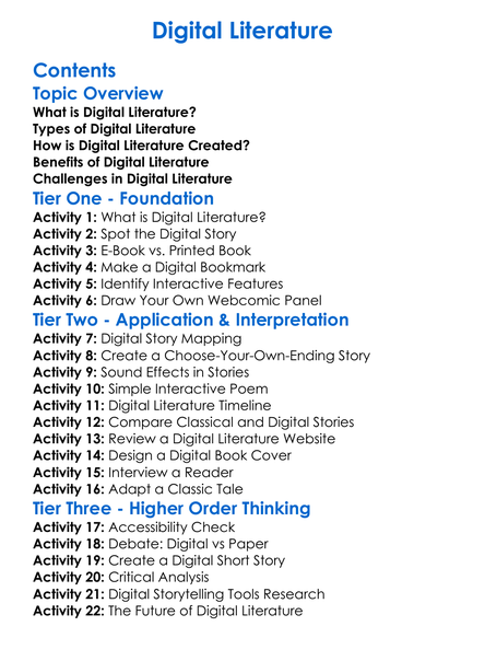 Digital Literature Worksheet Activity Booklet