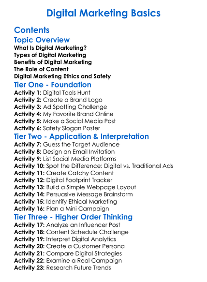 Digital Marketing Basics Worksheet Activity Booklet