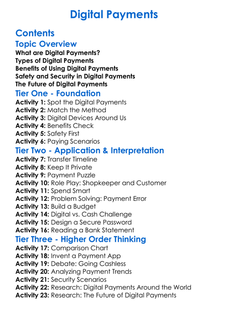 Digital Payments Worksheet Activity Booklet