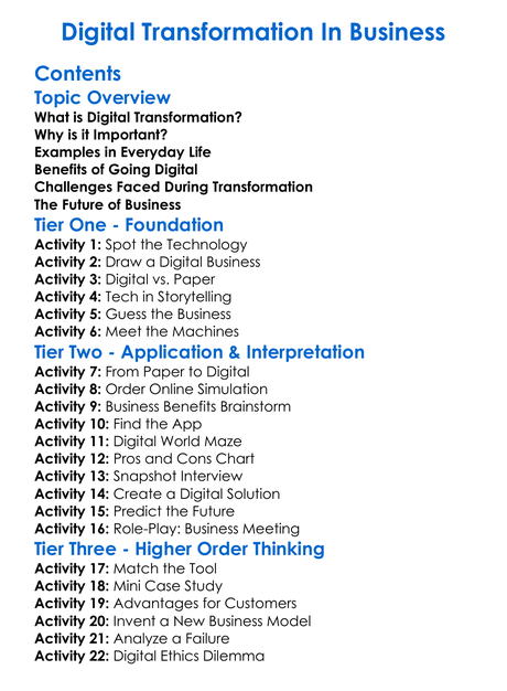 Digital Transformation In Business Worksheet Activity Booklet