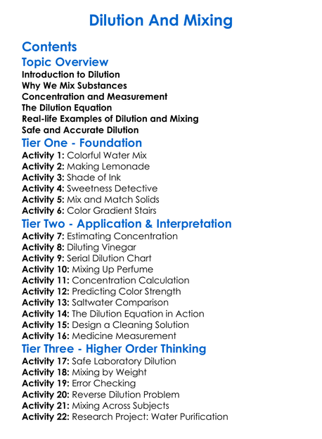 Dilution And Mixing Worksheet Activity Booklet