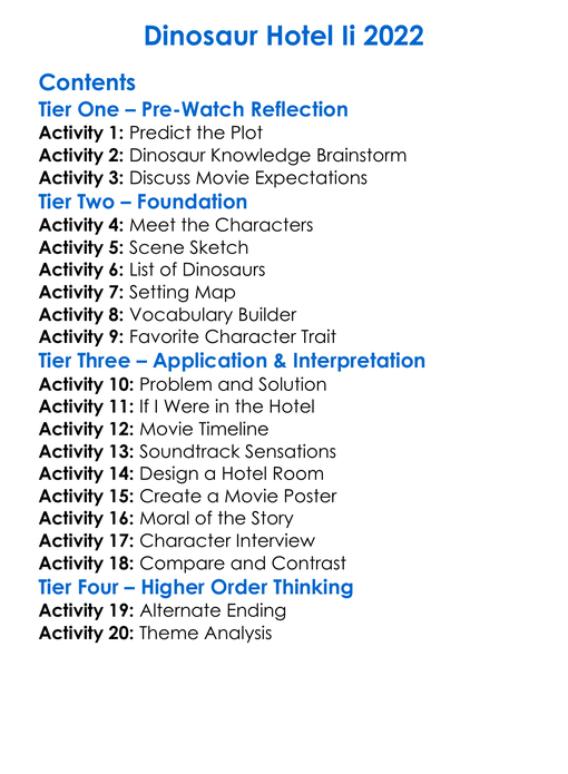 Dinosaur Hotel Ii 2022 Worksheet Activity Booklet