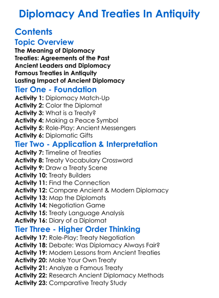 Diplomacy And Treaties In Antiquity Worksheet Activity Booklet