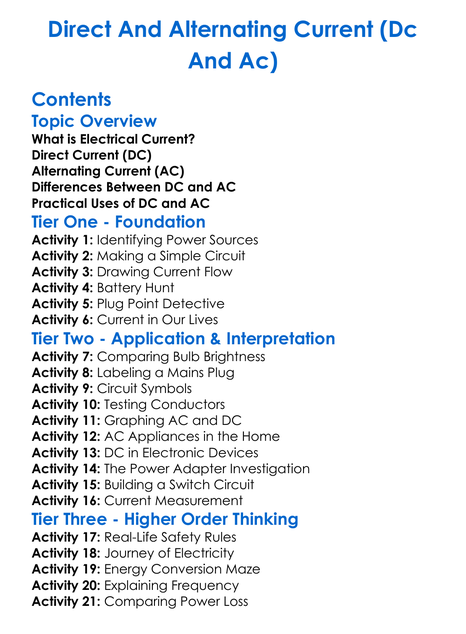 Direct And Alternating Current Dc And Ac Worksheet Activity Booklet