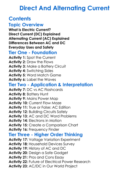 Direct And Alternating Current Worksheet Activity Booklet