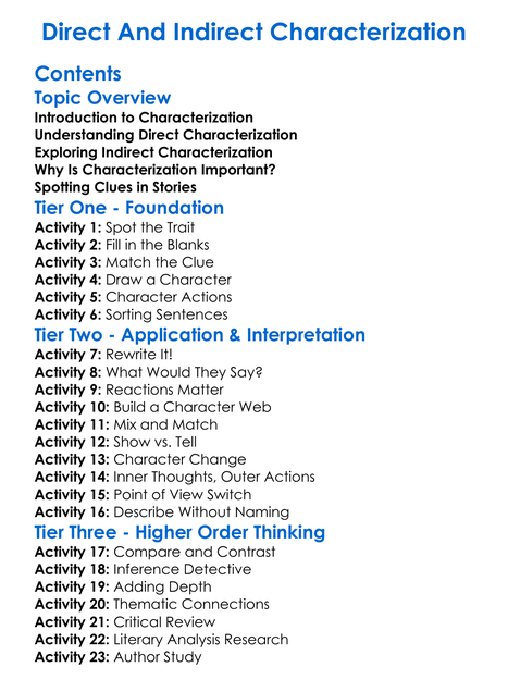 Direct And Indirect Characterization Worksheet Activity Booklet