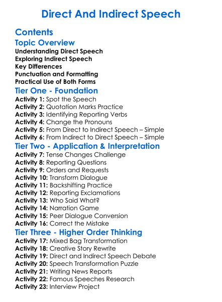 Direct And Indirect Speech Worksheet Activity Booklet