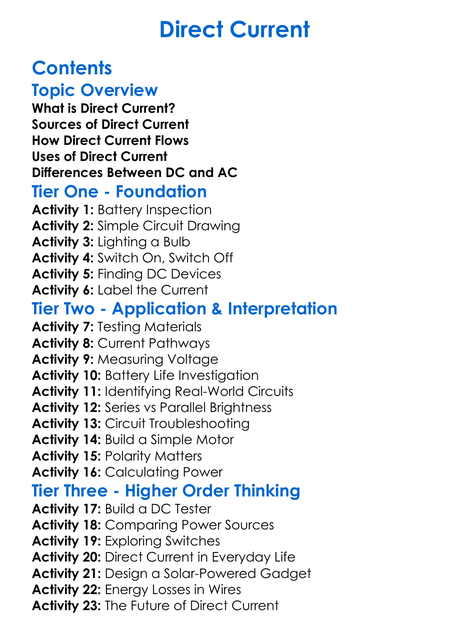 Direct Current Worksheet Activity Booklet