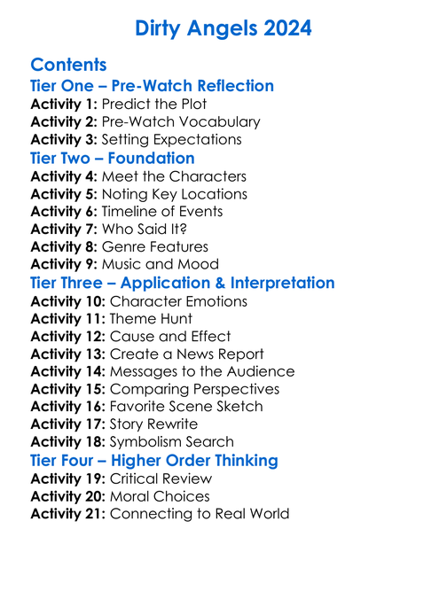 Dirty Angels 2024 Worksheet Activity Booklet