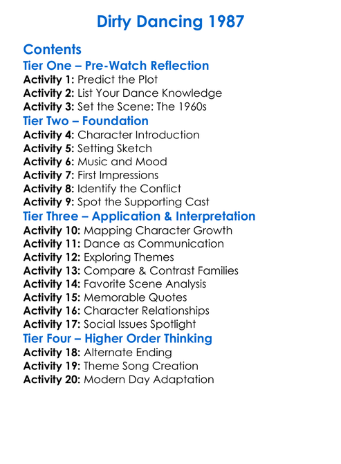Dirty Dancing 1987 Worksheet Activity Booklet