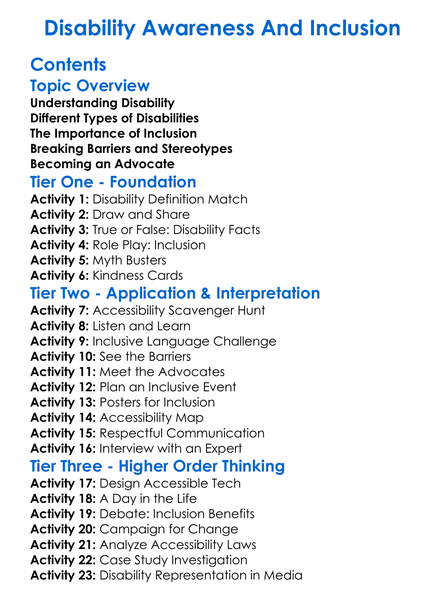 Disability Awareness And Inclusion Worksheet Activity Booklet