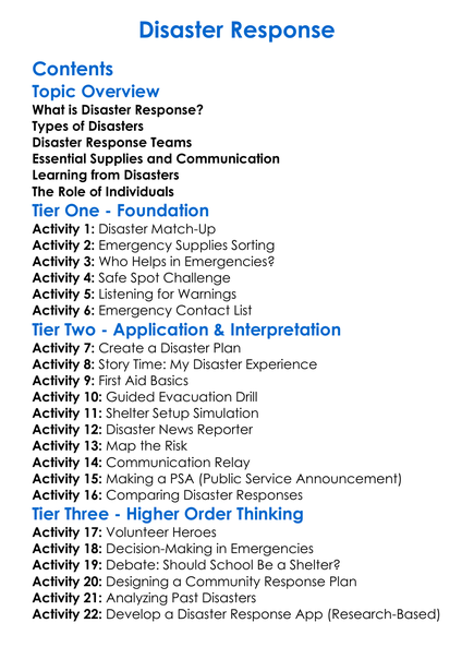 Disaster Response Worksheet Activity Booklet