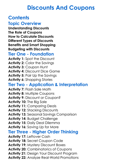 Discounts And Coupons Worksheet Activity Booklet