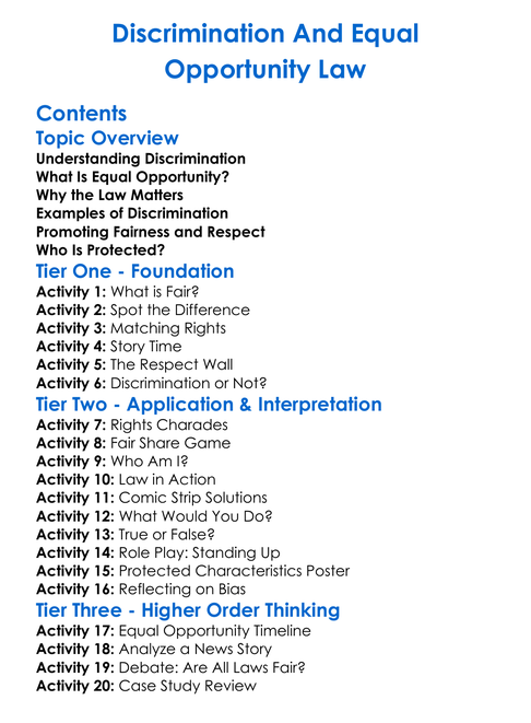 Discrimination And Equal Opportunity Law Worksheet Activity Booklet