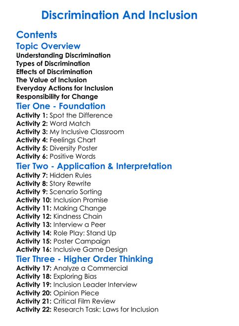 Discrimination And Inclusion Worksheet Activity Booklet
