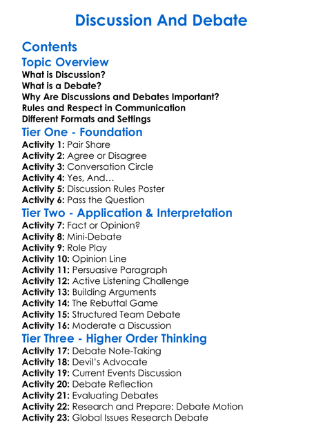 Discussion And Debate Worksheet Activity Booklet