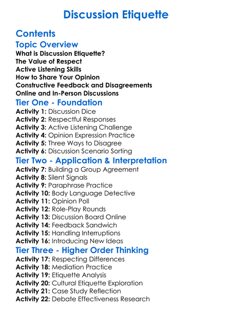 Discussion Etiquette Worksheet Activity Booklet