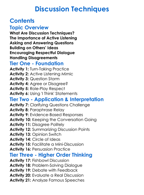Discussion Techniques Worksheet Activity Booklet