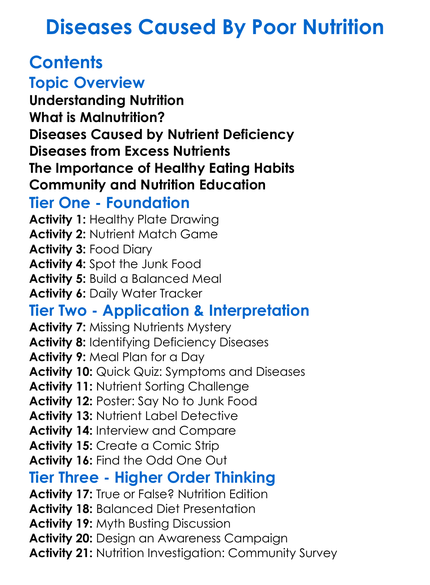 Diseases Caused By Poor Nutrition Worksheet Activity Booklet