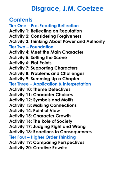 Disgrace Jm Coetzee Worksheet Activity Booklet