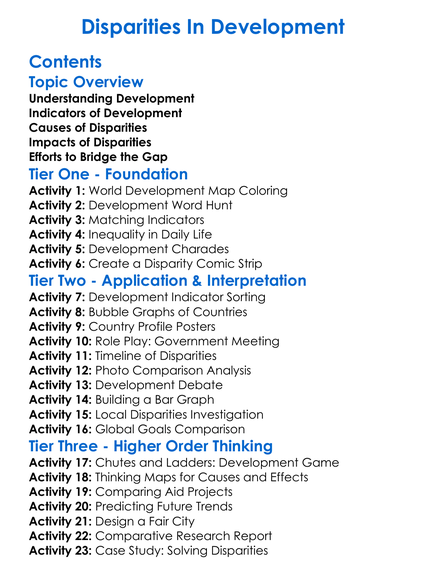 Disparities In Development Worksheet Activity Booklet