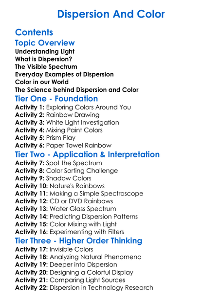 Dispersion And Color Worksheet Activity Booklet