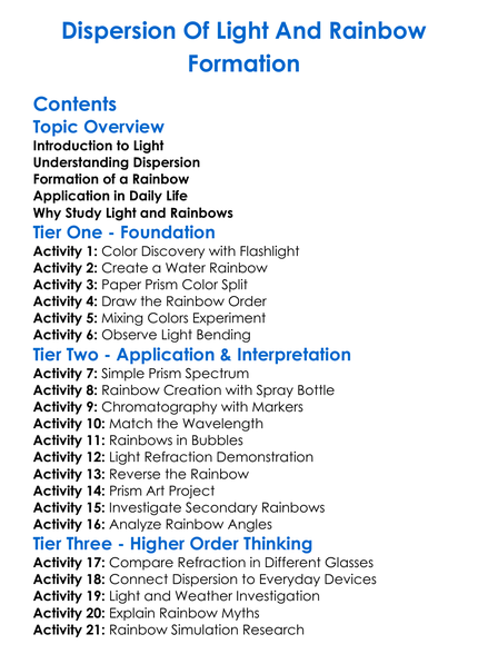 Dispersion Of Light And Rainbow Formation Worksheet Activity Booklet