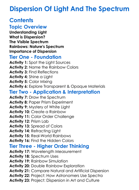 Dispersion Of Light And The Spectrum Worksheet Activity Booklet