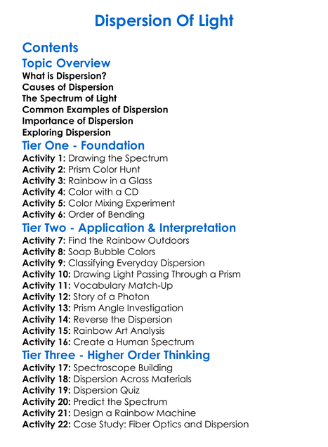 Dispersion Of Light Worksheet Activity Booklet