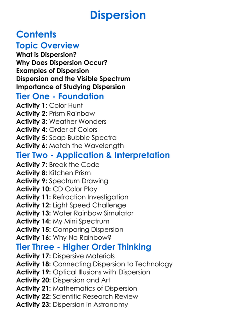 Dispersion Worksheet Activity Booklet