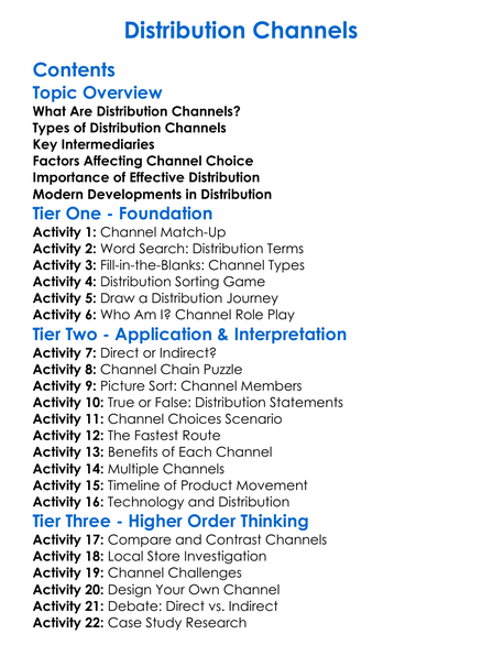 Distribution Channels Worksheet Activity Booklet