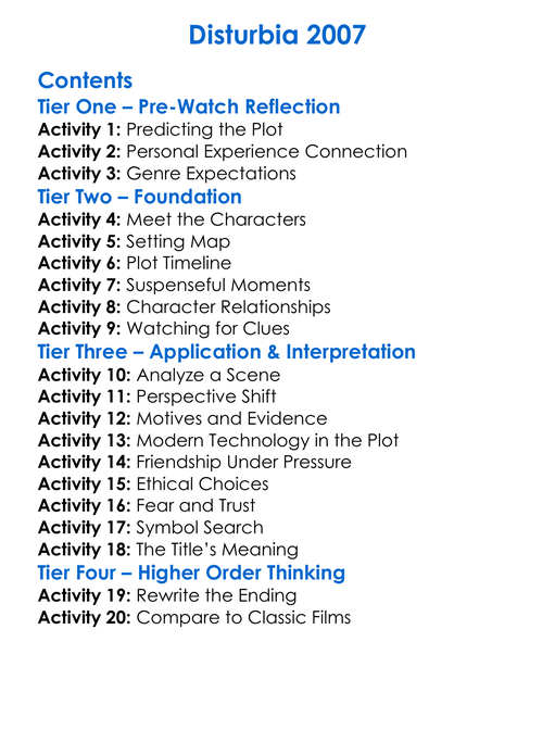 Disturbia 2007 Worksheet Activity Booklet