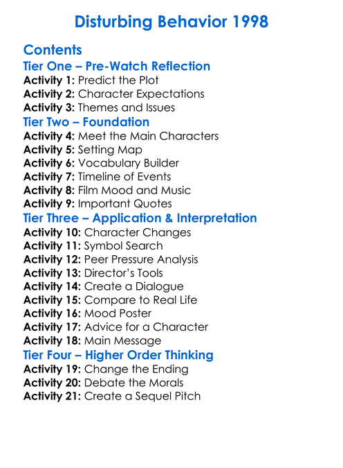 Disturbing Behavior 1998 Worksheet Activity Booklet