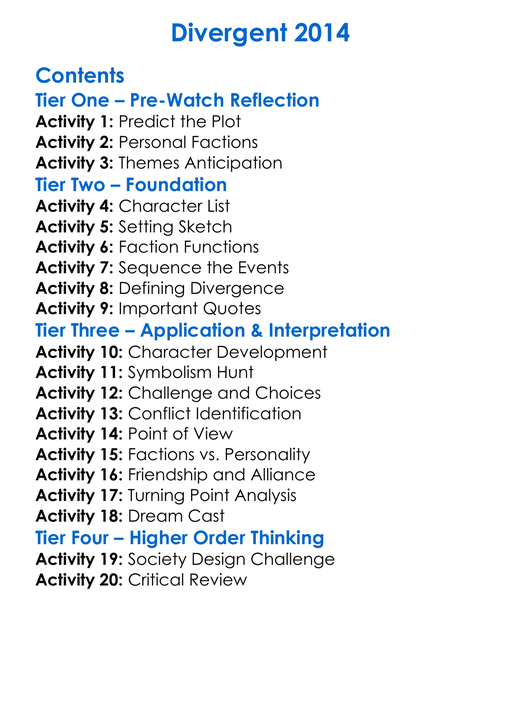 Divergent 2014 Worksheet Activity Booklet