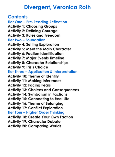 Divergent Veronica Roth Worksheet Activity Booklet