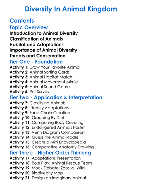 Diversity In Animal Kingdom Worksheet Activity Booklet
