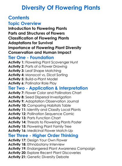 Diversity Of Flowering Plants Worksheet Activity Booklet