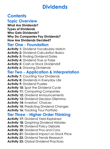 Dividends Worksheet Activity Booklet