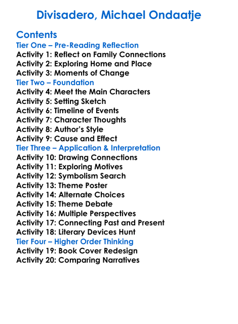 Divisadero Michael Ondaatje Worksheet Activity Booklet
