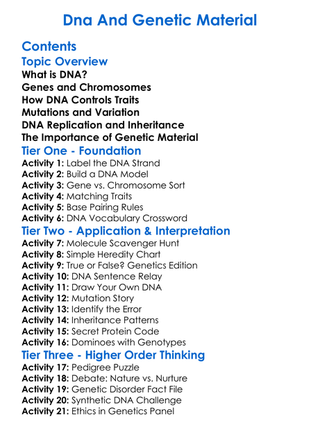 Dna And Genetic Material Worksheet Activity Booklet